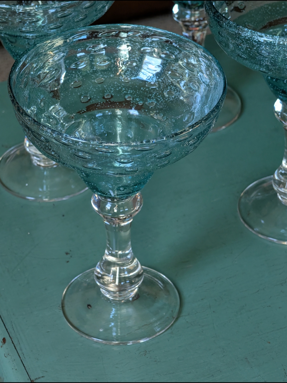 Handblown Teal Bubble Glass Coupe Margarita Elegant Home Dining Glassware Set 4